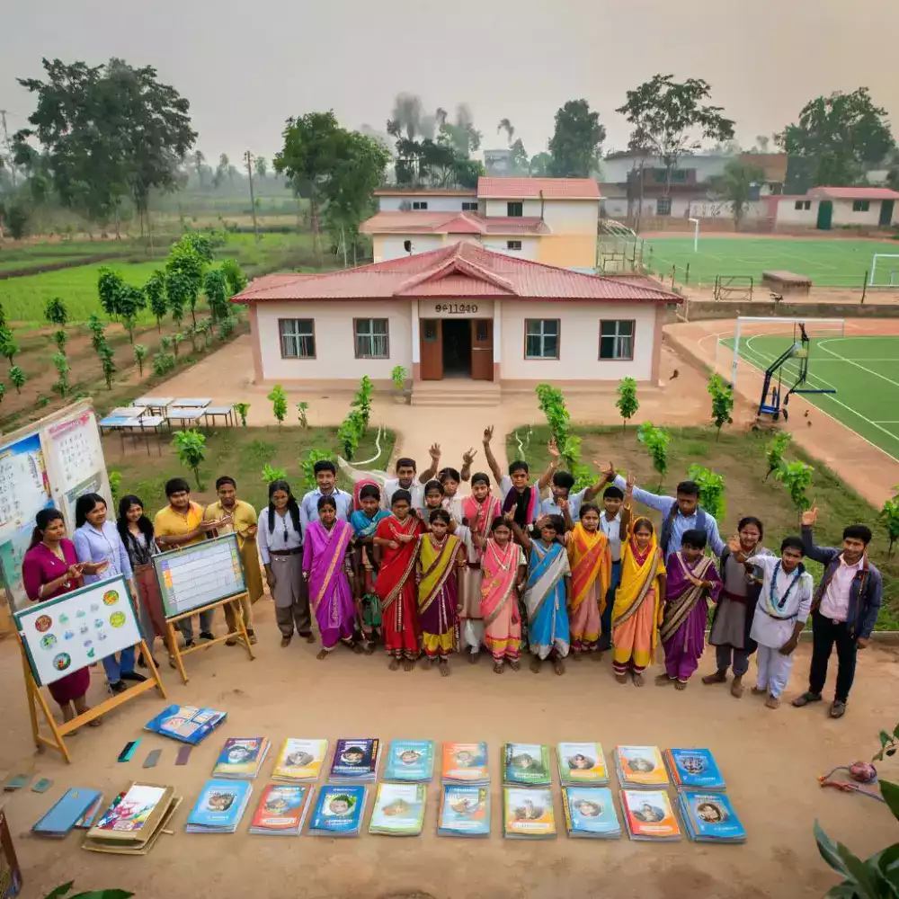 EcoDateFarm's community support program providing educational resources and supplies to village schools near Jaisalmer date plantation