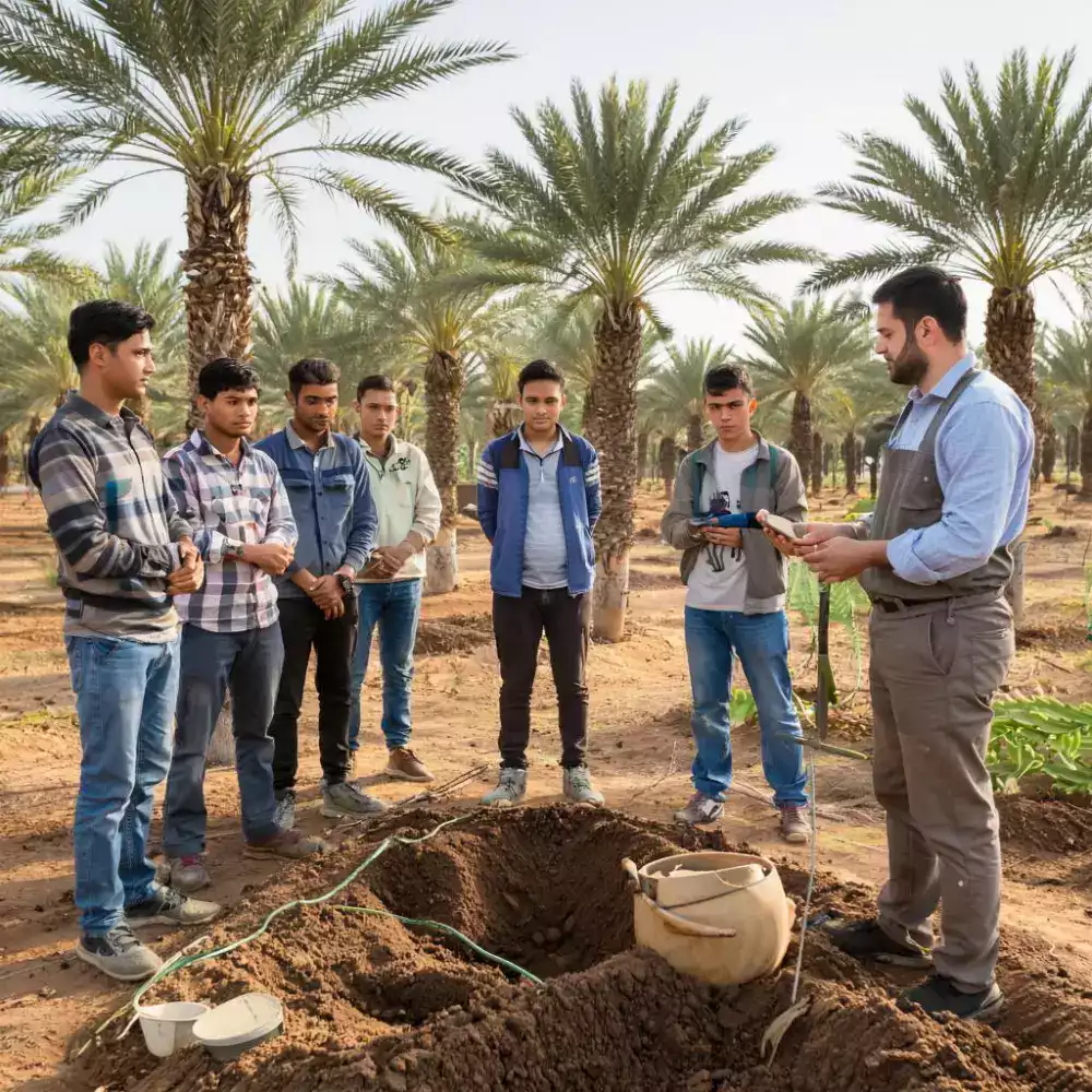 Youth skill development program at EcoDateFarm providing agricultural training and employment opportunities for young people in Jaisalmer