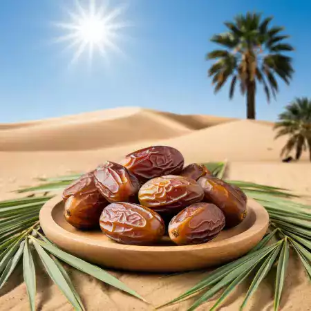Freshly harvested premium Medjool dates from EcoDateFarm's Jaisalmer plantation showing plump, golden-brown fruits ready for packaging