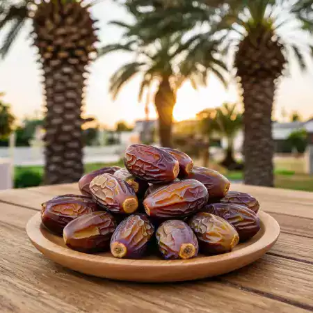 Fresh premium Medjool dates harvested from EcoDateFarm's organic plantation in Jaisalmer showing large, plump, golden-brown fruits