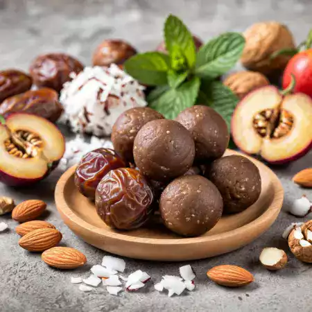 Healthy date energy balls made with EcoDateFarm's premium Medjool dates, nuts, and natural ingredients, perfect for quick energy boost